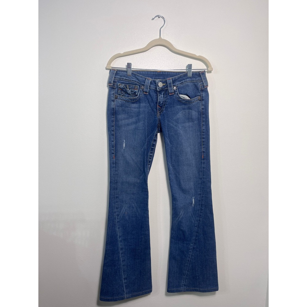 True Religion Joey Flare Jeans Blue Medium Wash Low Rise Twisted Inseam 10-503